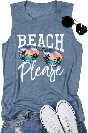 Beach Tanks for Women Beach Please Graphic Tank Top Funny Summer Sleeveless Hawaiian Vacation Vest Shirts