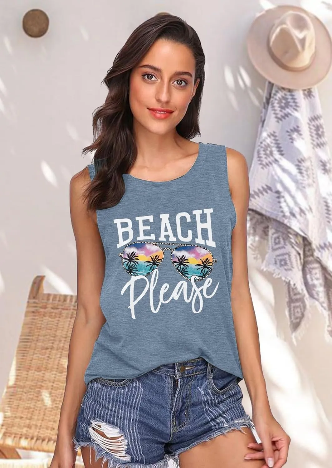 Beach Tanks for Women Beach Please Graphic Tank Top Funny Summer Sleeveless Hawaiian Vacation Vest Shirts