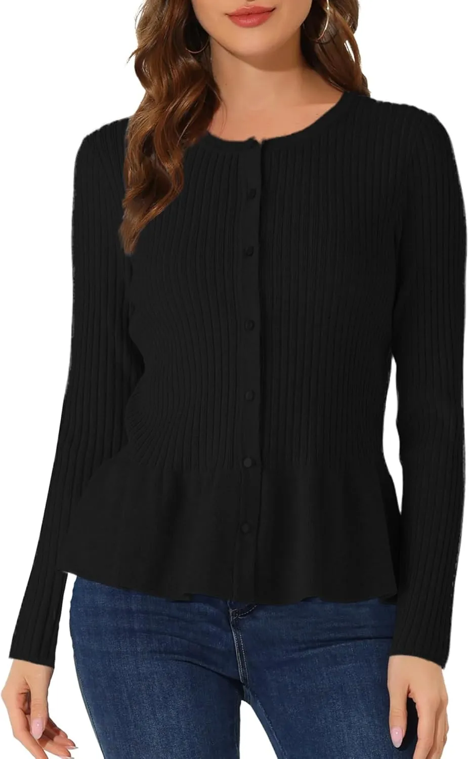 Beautiful Nomad Women's Long Sleeve Cardigan Peplum Sweater Crew Neck Button Tops Knit Ribbed Elegant Outwear Coat