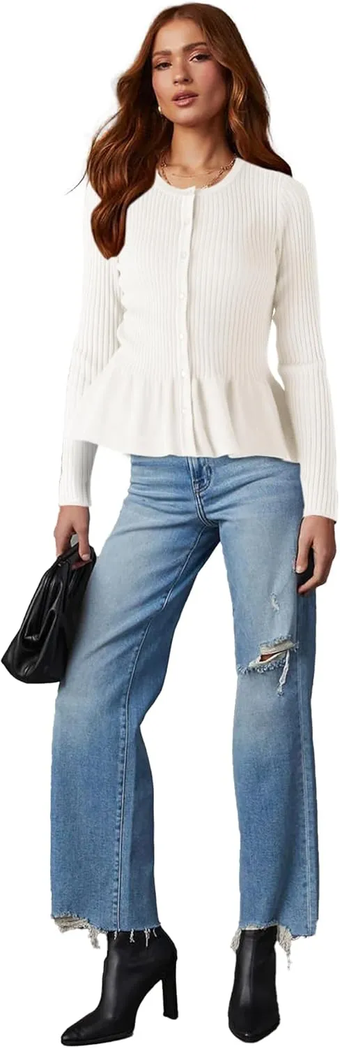 Beautiful Nomad Women's Long Sleeve Cardigan Peplum Sweater Crew Neck Button Tops Knit Ribbed Elegant Outwear Coat
