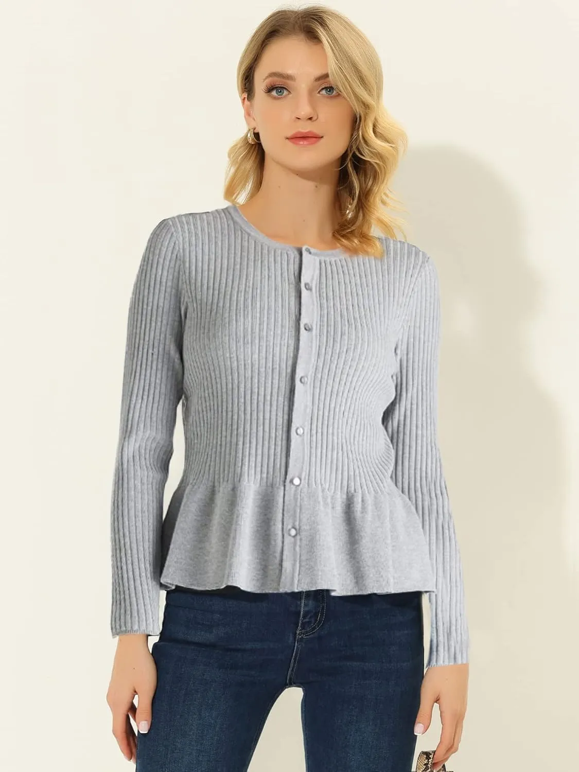 Beautiful Nomad Women's Long Sleeve Cardigan Peplum Sweater Crew Neck Button Tops Knit Ribbed Elegant Outwear Coat