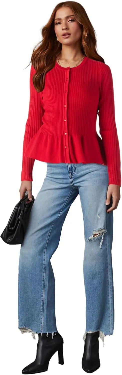 Beautiful Nomad Women's Long Sleeve Cardigan Peplum Sweater Crew Neck Button Tops Knit Ribbed Elegant Outwear Coat