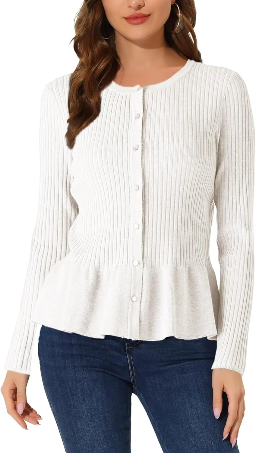 Beautiful Nomad Women's Long Sleeve Cardigan Peplum Sweater Crew Neck Button Tops Knit Ribbed Elegant Outwear Coat