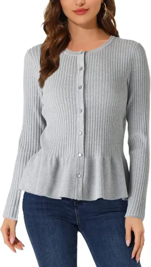 Beautiful Nomad Women's Long Sleeve Cardigan Peplum Sweater Crew Neck Button Tops Knit Ribbed Elegant Outwear Coat