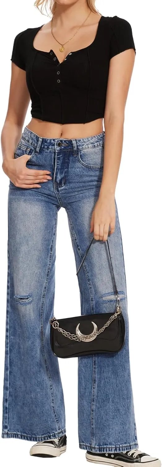 Beautiful Nomad Women's Petite Ripped Jeans Casual Wide Leg Baggy Distressed Denim Pants