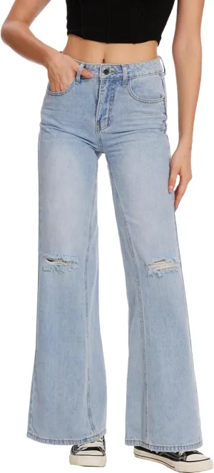 Beautiful Nomad Women's Petite Ripped Jeans Casual Wide Leg Baggy Distressed Denim Pants