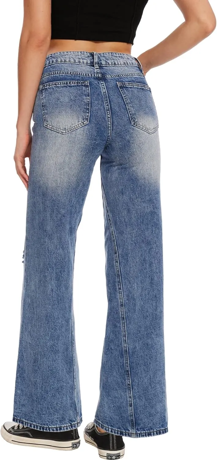 Beautiful Nomad Women's Petite Ripped Jeans Casual Wide Leg Baggy Distressed Denim Pants