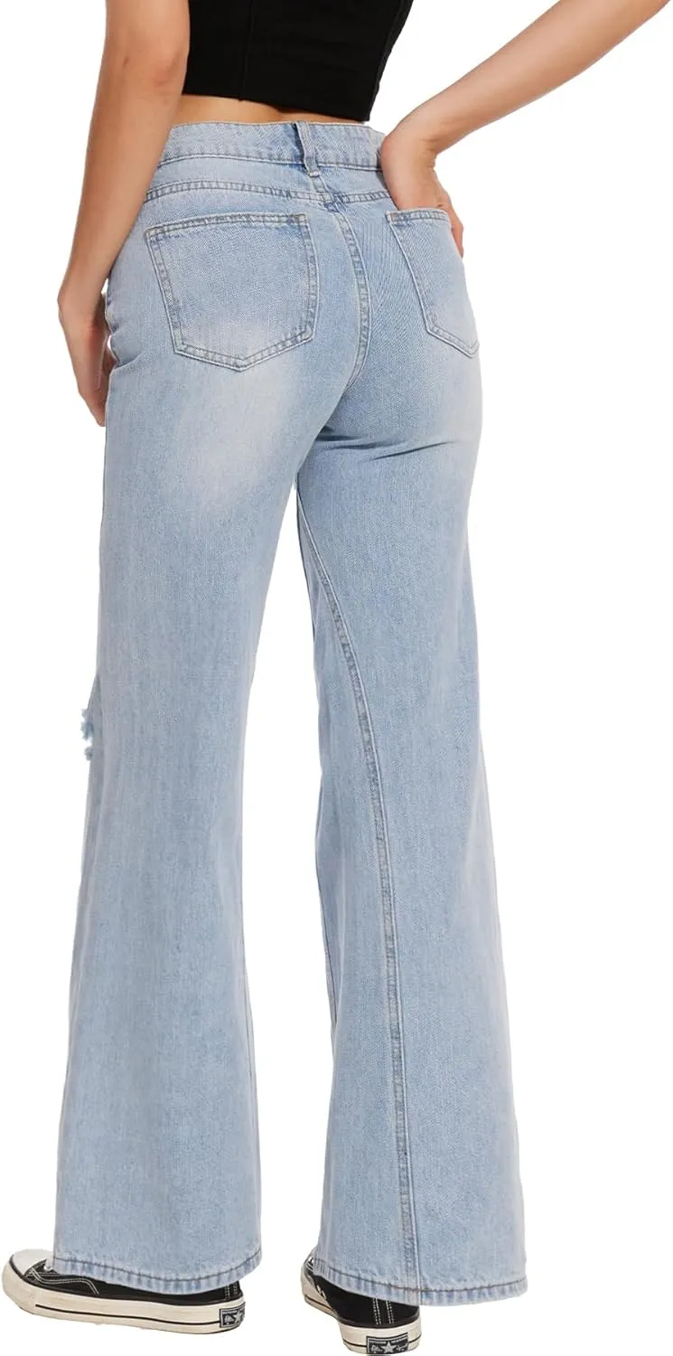 Beautiful Nomad Women's Petite Ripped Jeans Casual Wide Leg Baggy Distressed Denim Pants