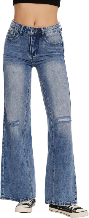 Beautiful Nomad Women's Petite Ripped Jeans Casual Wide Leg Baggy Distressed Denim Pants