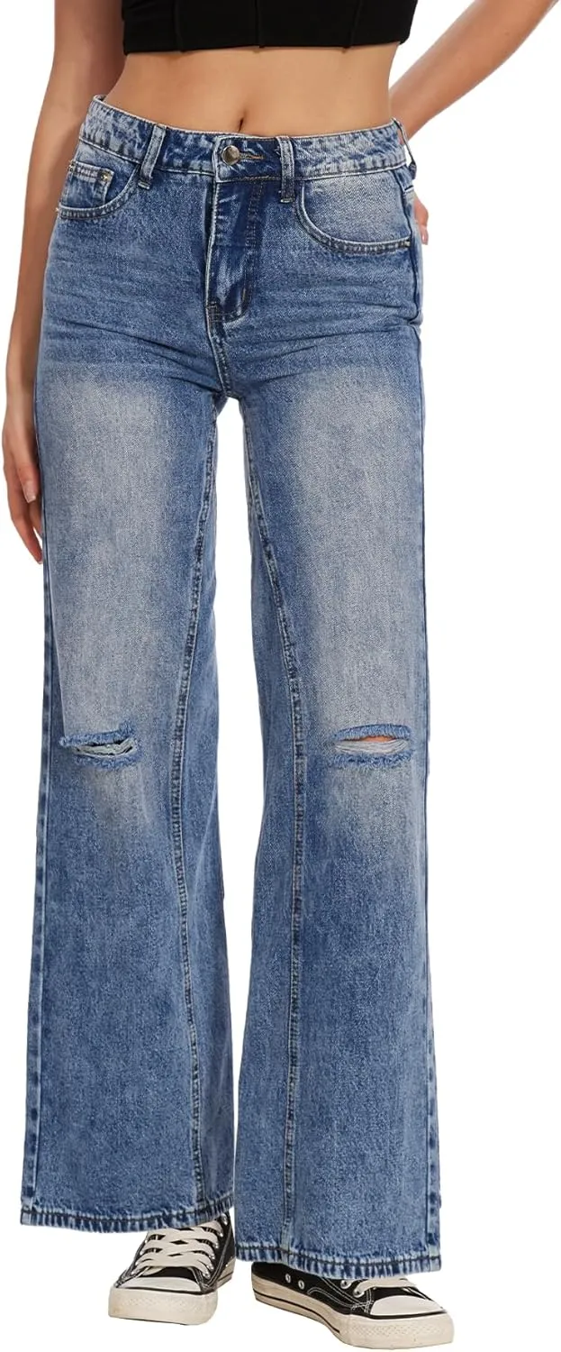 Beautiful Nomad Women's Petite Ripped Jeans Casual Wide Leg Baggy Distressed Denim Pants