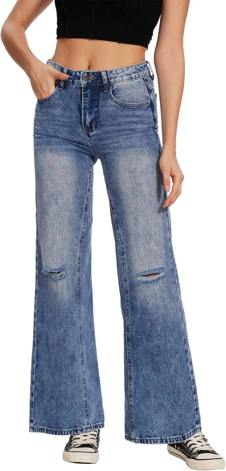 Beautiful Nomad Women's Petite Ripped Jeans Casual Wide Leg Baggy Distressed Denim Pants