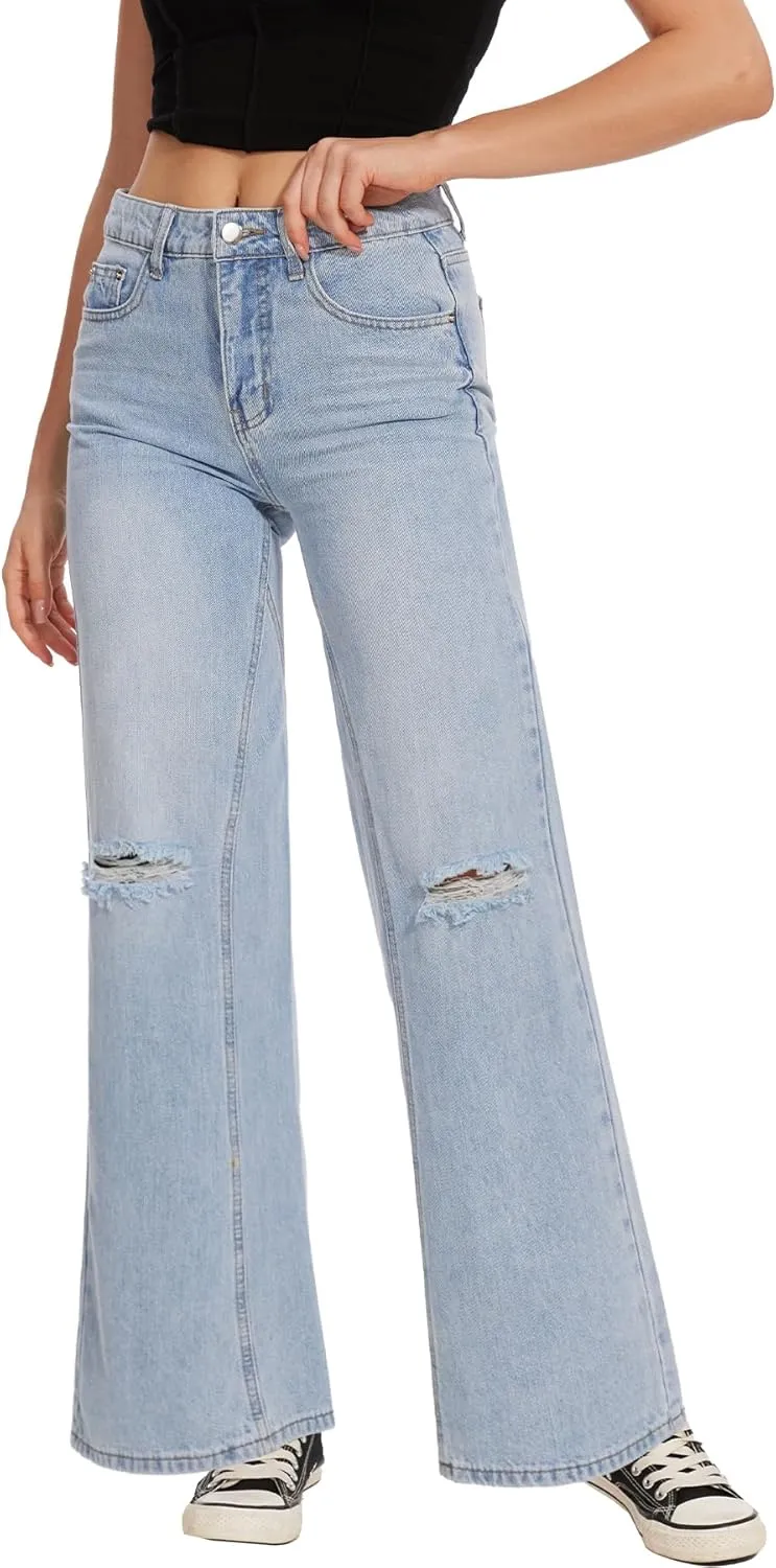 Beautiful Nomad Women's Petite Ripped Jeans Casual Wide Leg Baggy Distressed Denim Pants