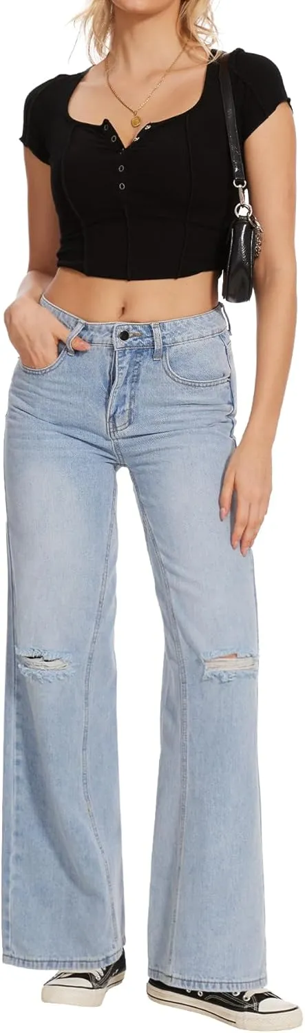 Beautiful Nomad Women's Petite Ripped Jeans Casual Wide Leg Baggy Distressed Denim Pants