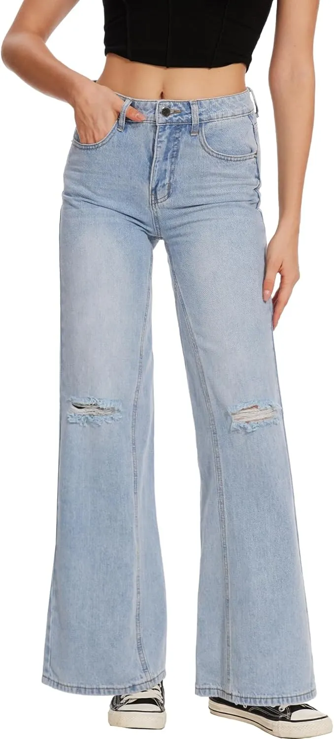 Beautiful Nomad Women's Petite Ripped Jeans Casual Wide Leg Baggy Distressed Denim Pants