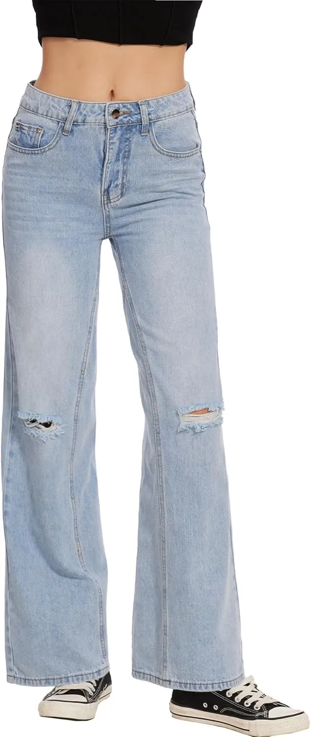 Beautiful Nomad Women's Petite Ripped Jeans Casual Wide Leg Baggy Distressed Denim Pants