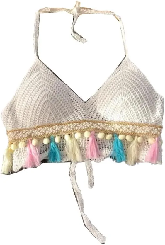 Bohemian Beach Camisole Womens Knitted Tassels Tank Top with Built in Bra Halterneck Backless Tanks and Camis