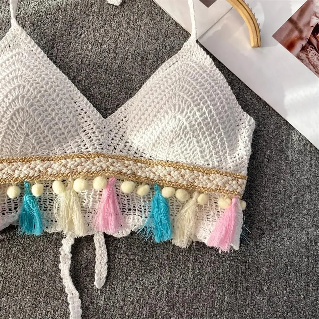 Bohemian Beach Camisole Womens Knitted Tassels Tank Top with Built in Bra Halterneck Backless Tanks and Camis