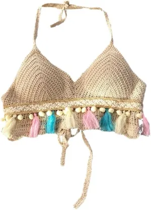 Bohemian Beach Camisole Womens Knitted Tassels Tank Top with Built in Bra Halterneck Backless Tanks and Camis