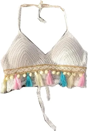 Bohemian Beach Camisole Womens Knitted Tassels Tank Top with Built in Bra Halterneck Backless Tanks and Camis