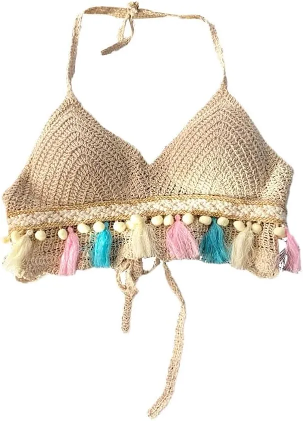 Bohemian Beach Camisole Womens Knitted Tassels Tank Top with Built in Bra Halterneck Backless Tanks and Camis