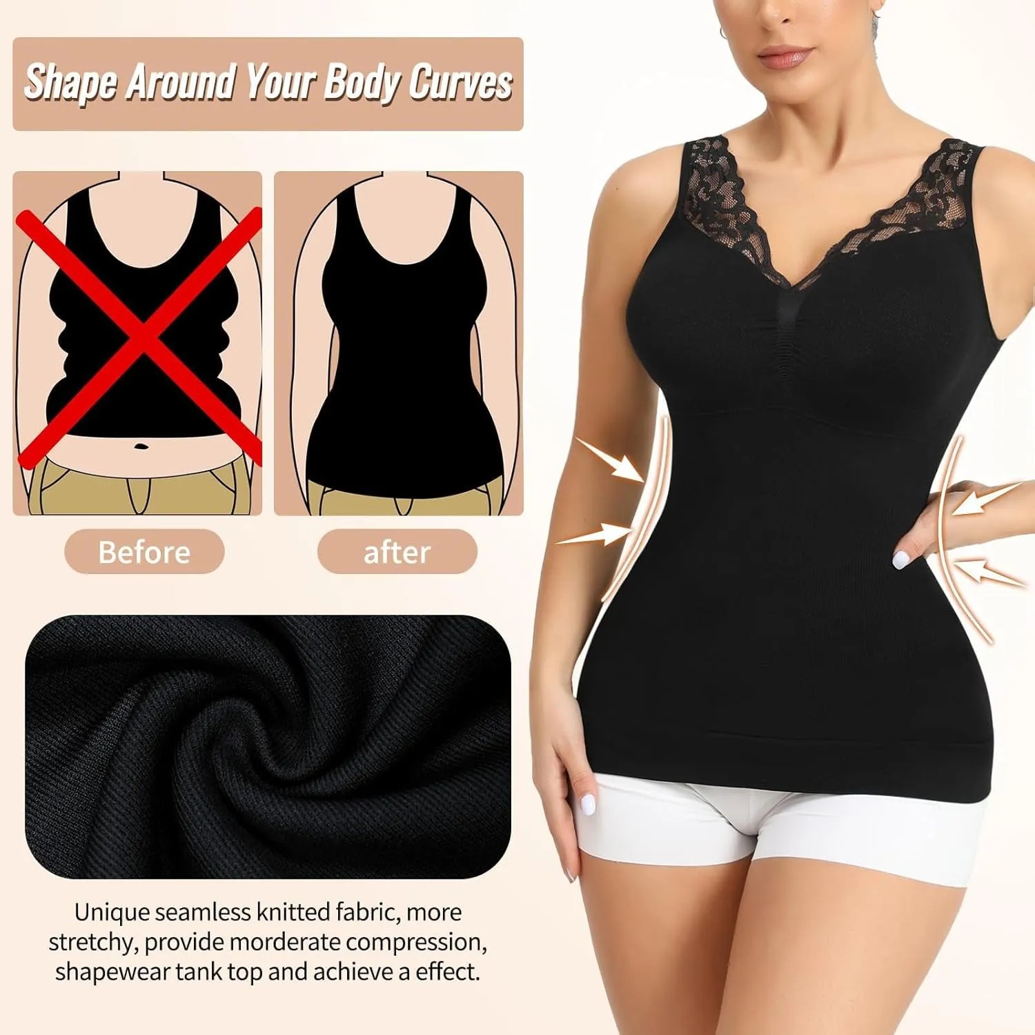 Camisoles with Built in Bra - Compression Shapewear V Neck Tank Tops for Women Lace Cami Shaper Tummy Control