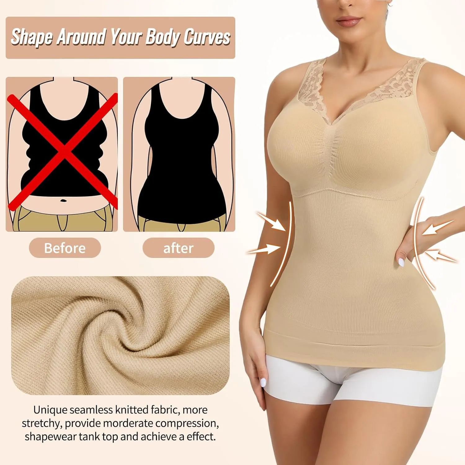 Camisoles with Built in Bra - Compression Shapewear V Neck Tank Tops for Women Lace Cami Shaper Tummy Control