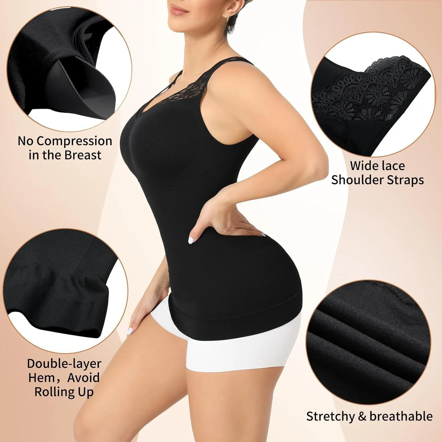 Camisoles with Built in Bra - Compression Shapewear V Neck Tank Tops for Women Lace Cami Shaper Tummy Control