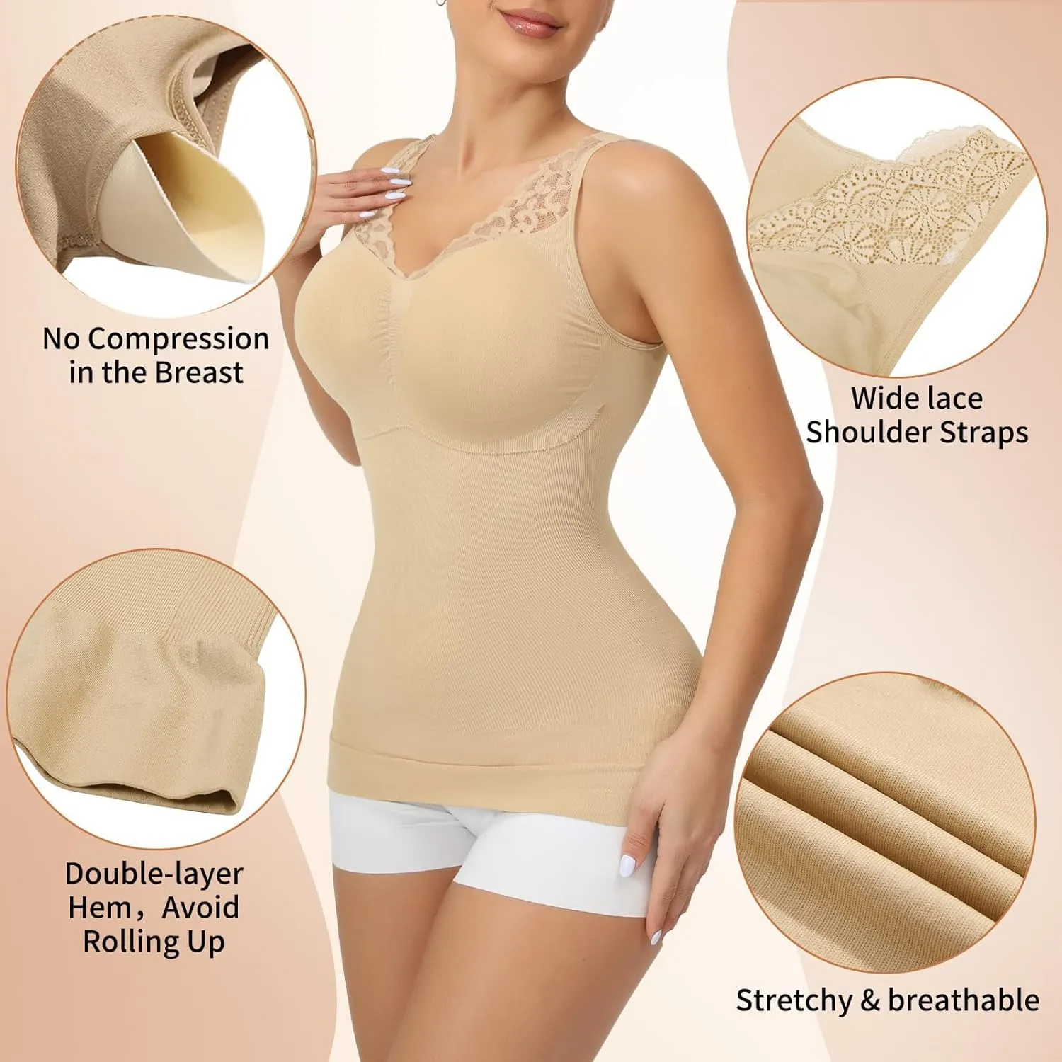 Camisoles with Built in Bra - Compression Shapewear V Neck Tank Tops for Women Lace Cami Shaper Tummy Control