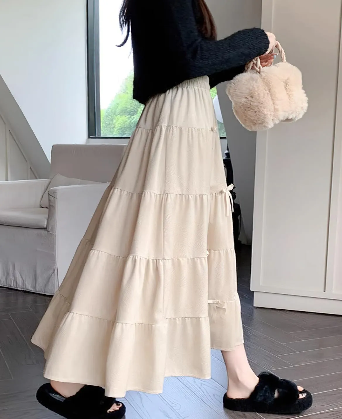 chouyatou Womens Elastic High Waist Velvet Skirt Cute Pleated A Line Flared Midi Tiered Skirt with Bowknot