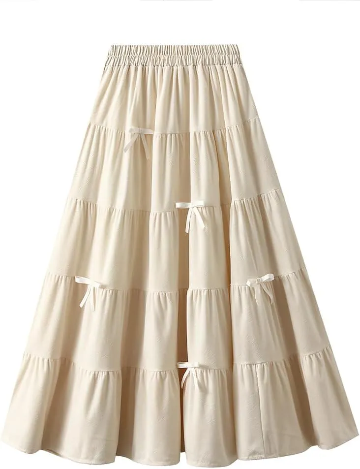 chouyatou Womens Elastic High Waist Velvet Skirt Cute Pleated A Line Flared Midi Tiered Skirt with Bowknot