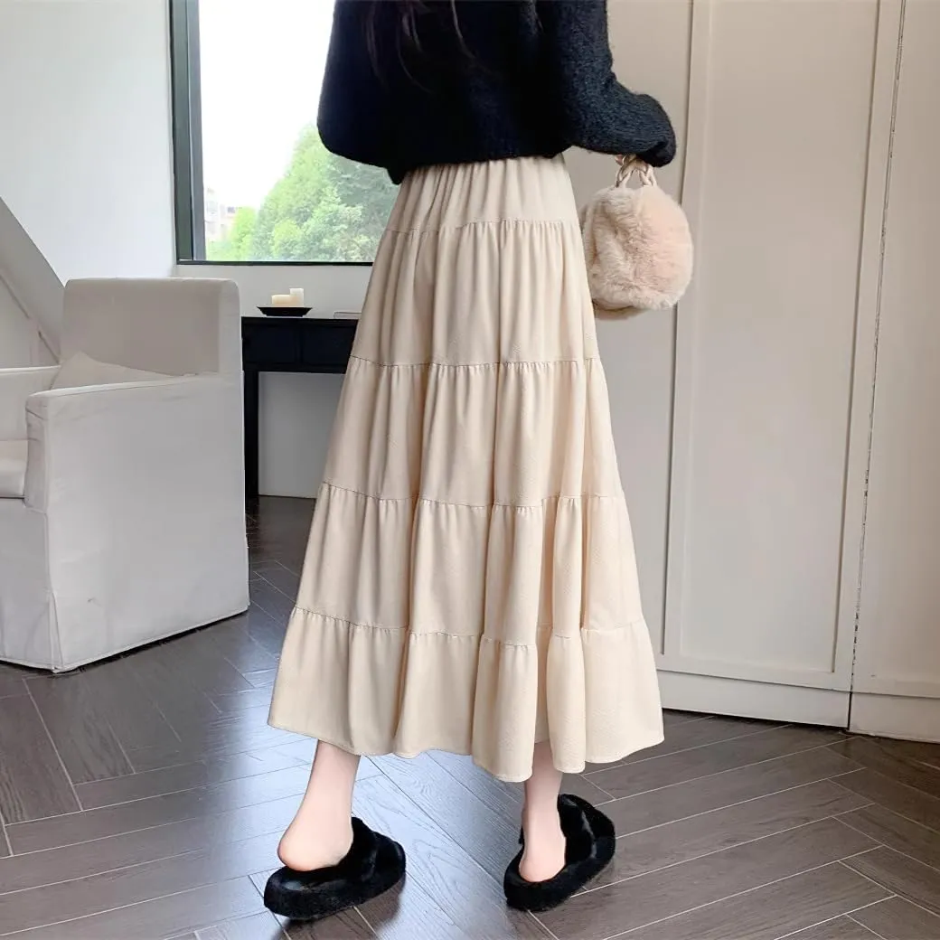 chouyatou Womens Elastic High Waist Velvet Skirt Cute Pleated A Line Flared Midi Tiered Skirt with Bowknot