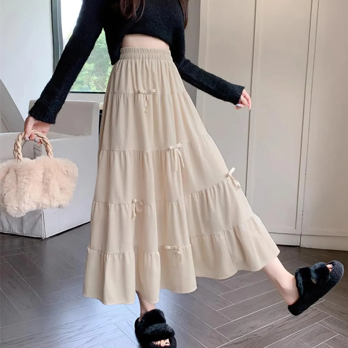 chouyatou Womens Elastic High Waist Velvet Skirt Cute Pleated A Line Flared Midi Tiered Skirt with Bowknot