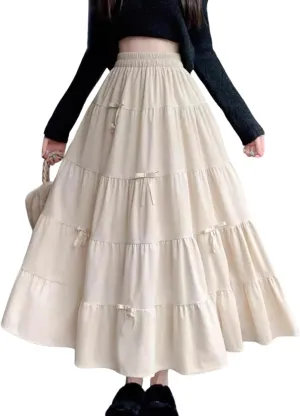 chouyatou Womens Elastic High Waist Velvet Skirt Cute Pleated A Line Flared Midi Tiered Skirt with Bowknot