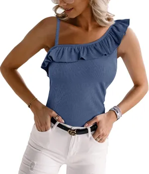 CNJFJ Womens Summer Bodycon Camisoles One Shoulder Strap Square Neck Blouse Rib Knitted Ruffle Tank Tops