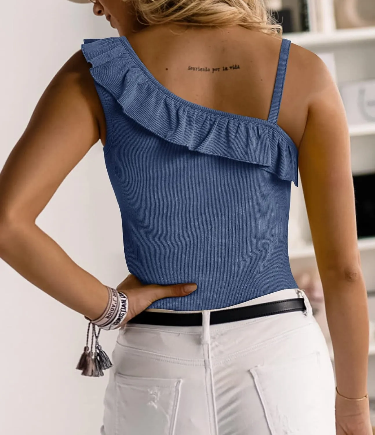 CNJFJ Womens Summer Bodycon Camisoles One Shoulder Strap Square Neck Blouse Rib Knitted Ruffle Tank Tops