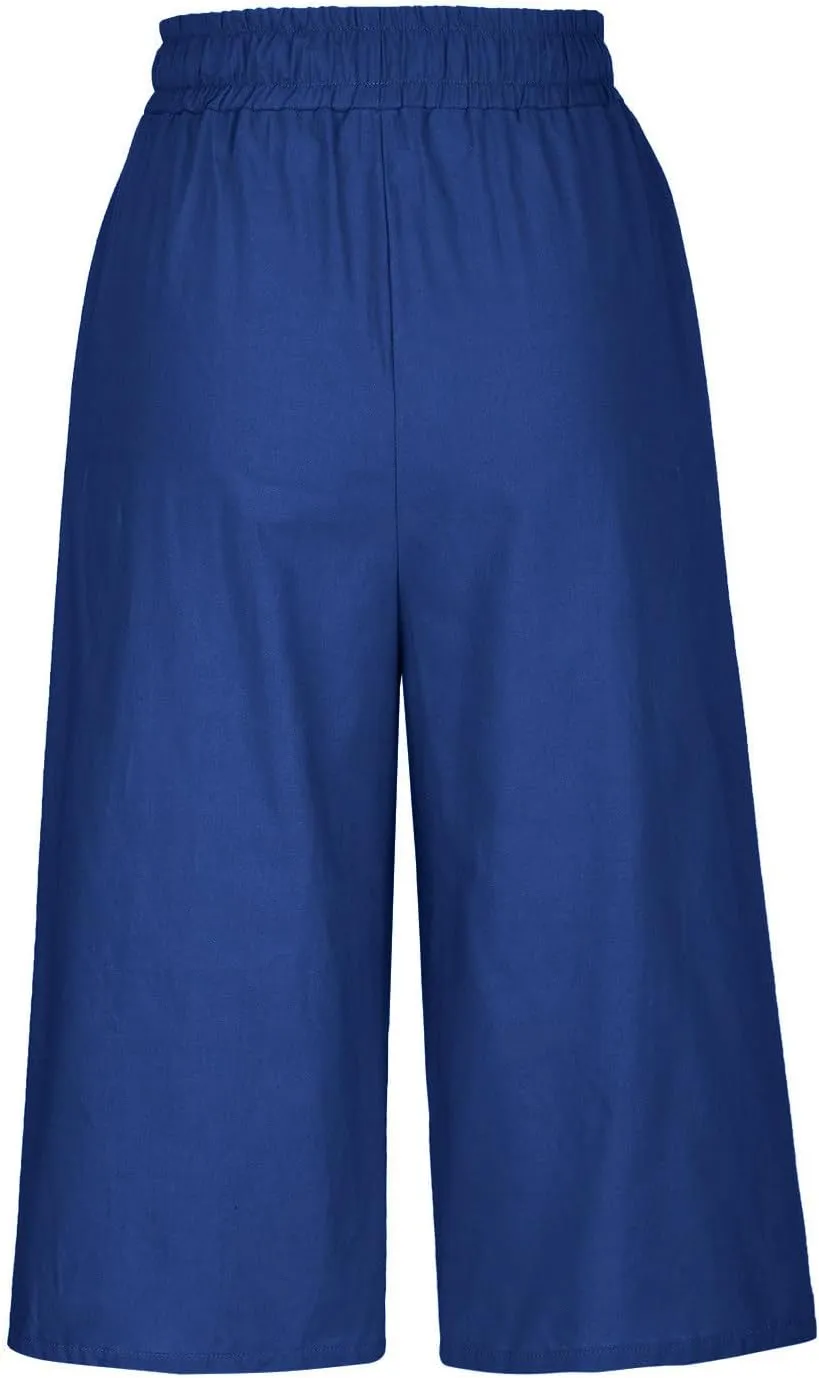 Cotton Linen Capri Pants for Women Drawstring Elastic Waist Summer Casual Loose Fit Solid Cropped Pants with Pockets