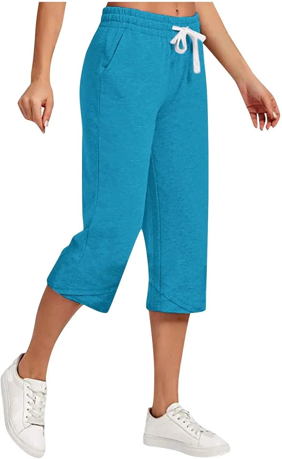 Cotton Linen Capri Pants for Women Drawstring Elastic Waist Summer Casual Loose Fit Solid Cropped Pants with Pockets