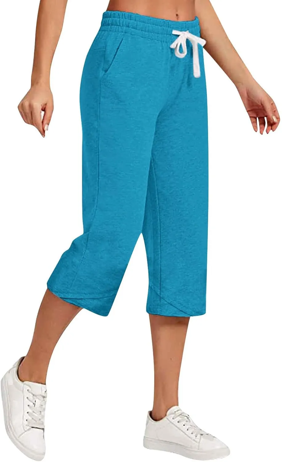 Cotton Linen Capri Pants for Women Drawstring Elastic Waist Summer Casual Loose Fit Solid Cropped Pants with Pockets