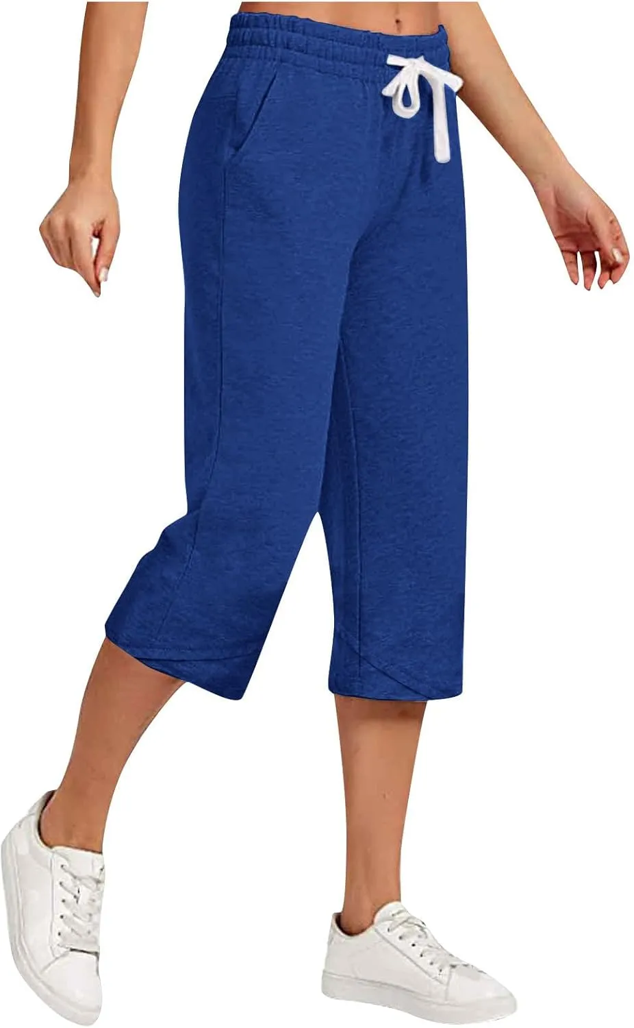 Cotton Linen Capri Pants for Women Drawstring Elastic Waist Summer Casual Loose Fit Solid Cropped Pants with Pockets