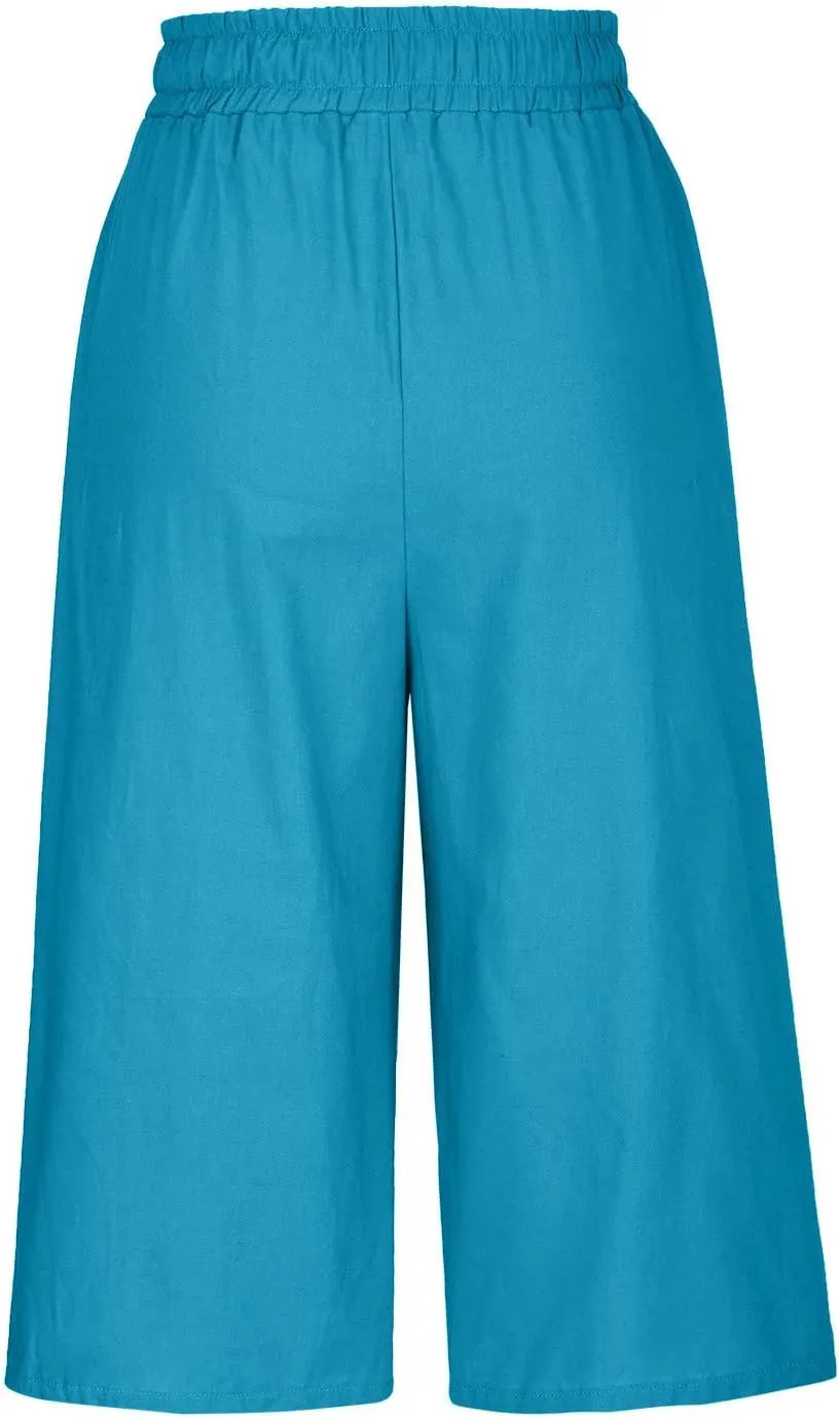Cotton Linen Capri Pants for Women Drawstring Elastic Waist Summer Casual Loose Fit Solid Cropped Pants with Pockets
