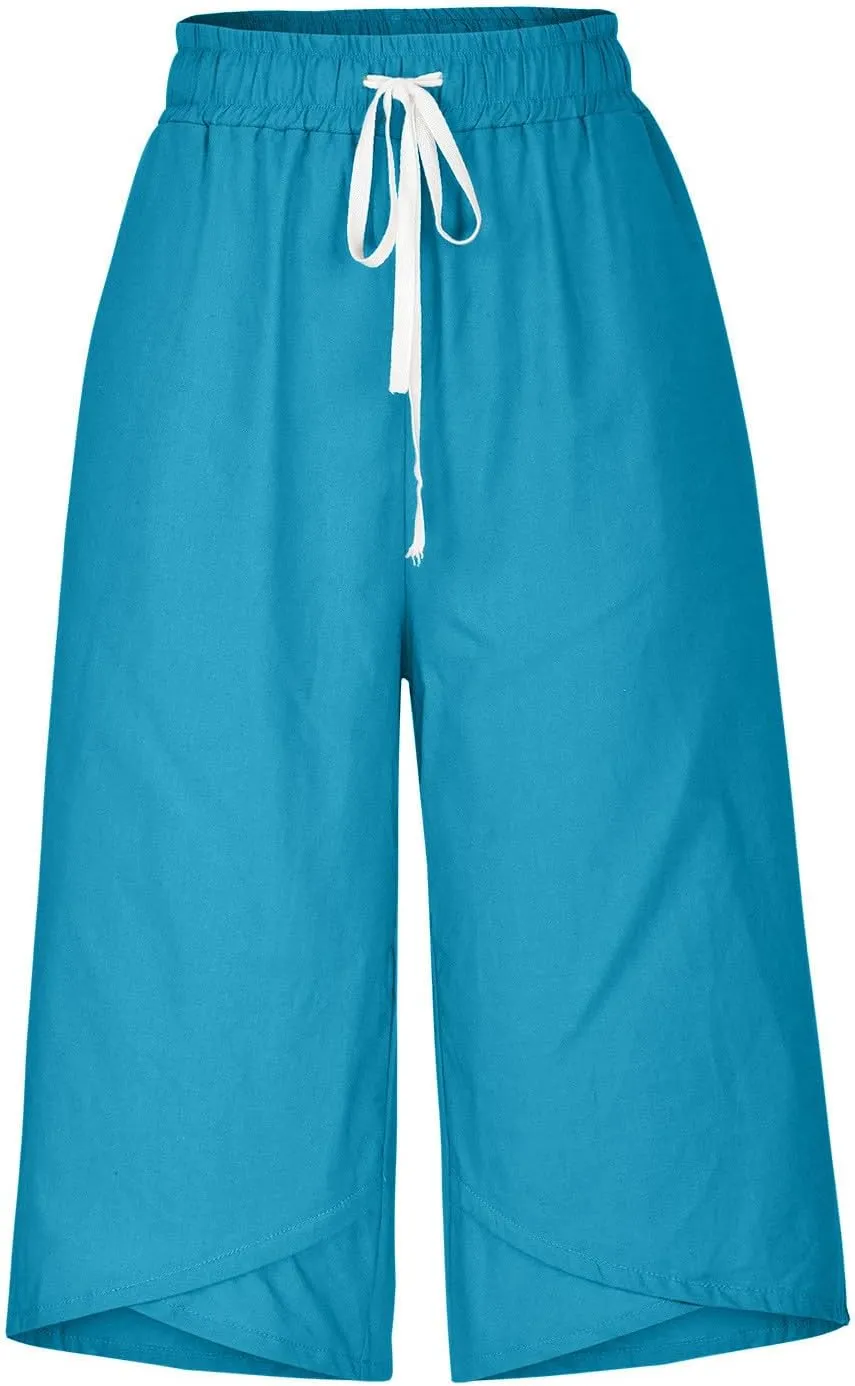 Cotton Linen Capri Pants for Women Drawstring Elastic Waist Summer Casual Loose Fit Solid Cropped Pants with Pockets