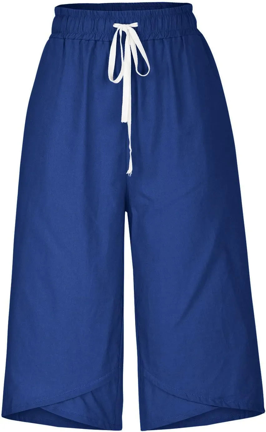 Cotton Linen Capri Pants for Women Drawstring Elastic Waist Summer Casual Loose Fit Solid Cropped Pants with Pockets