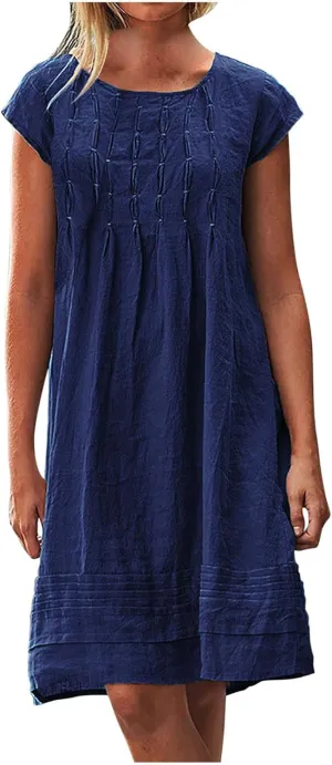 Cotton Linen Dresses for Women Casual Short Sleeve Crew Neck Floral Embroidery Dress Loose Pleated Front Midi Dress