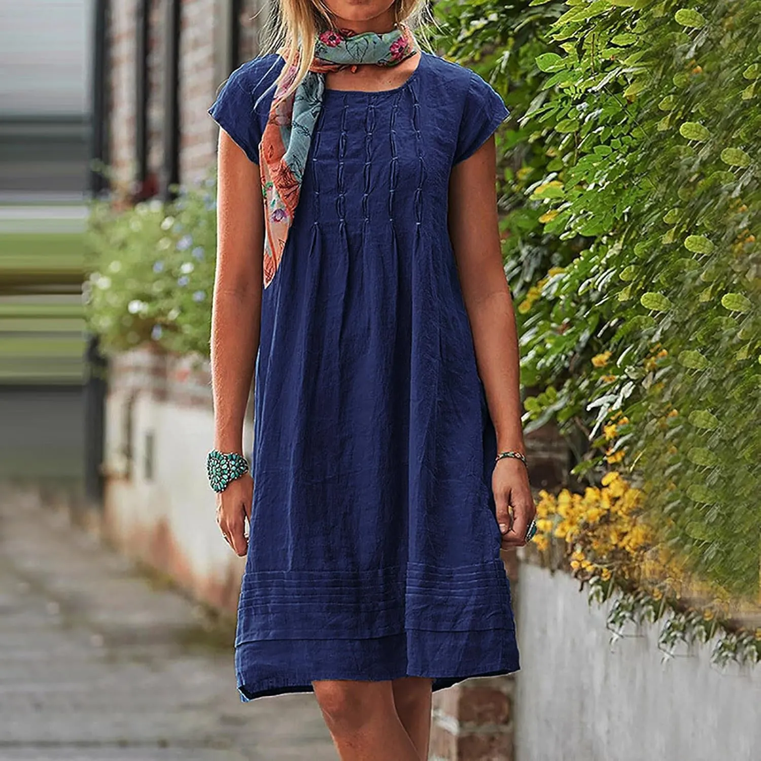 Cotton Linen Dresses for Women Casual Short Sleeve Crew Neck Floral Embroidery Dress Loose Pleated Front Midi Dress
