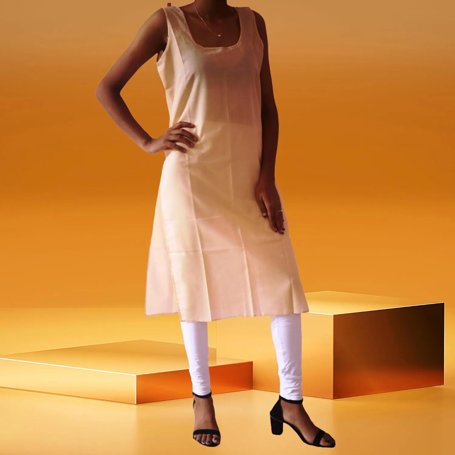 Cotton Long Camisole Slip, Full Length Inner Wear for Women, Pack of 2, Side Slit Lining for Sheer Dresses