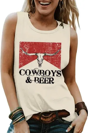Cowboys & Beer Steer Skull Tank Tops Women Western Vintage Country Music Tanks Summer Vacation Sleeveless Shirts