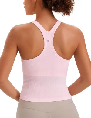 CRZ YOGA Seamless Ribbed Womens Tank Top Racerback Camisoles with Built in Bra Padded Scoop Neck Athletic Workout Slim Cami