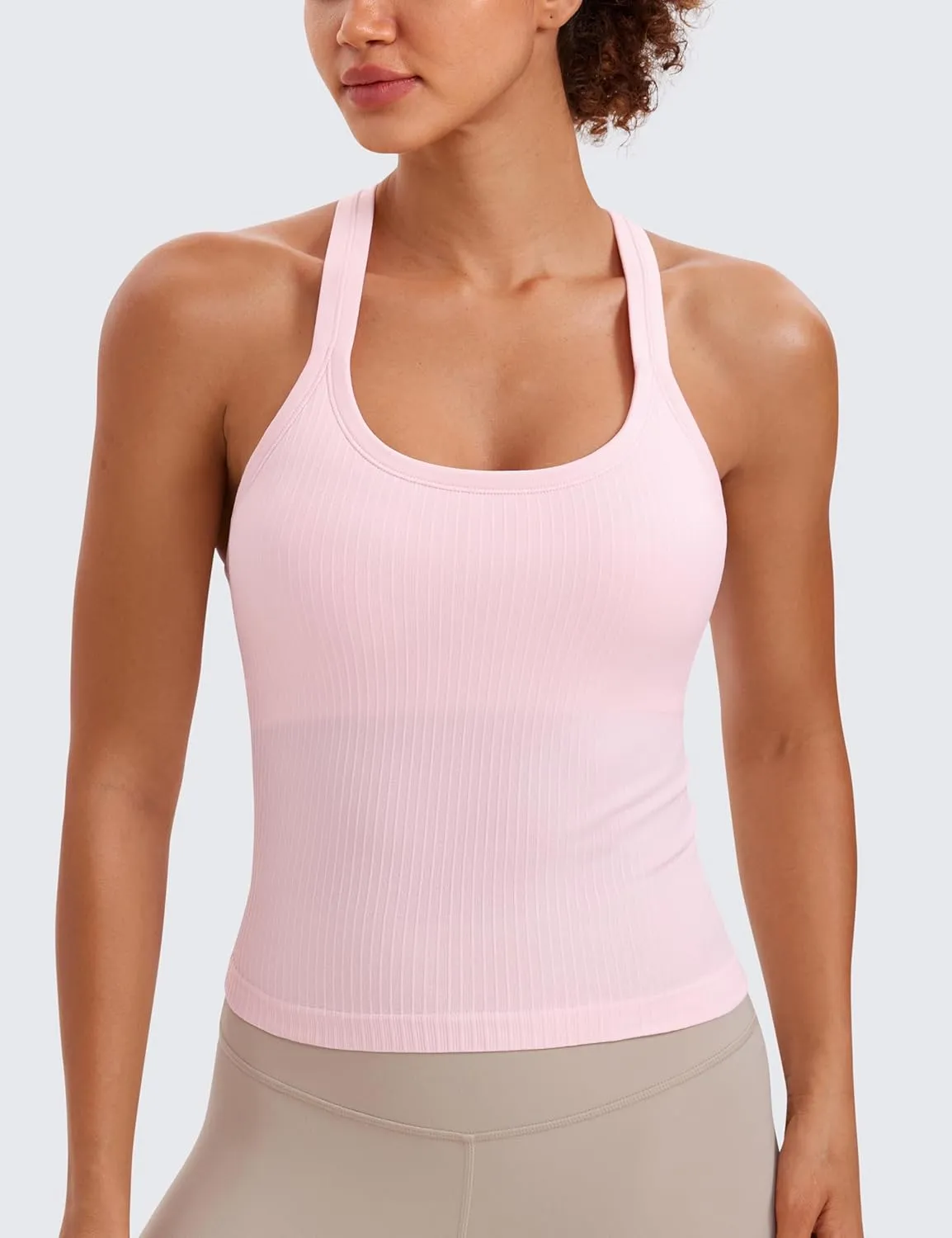 CRZ YOGA Seamless Ribbed Womens Tank Top Racerback Camisoles with Built in Bra Padded Scoop Neck Athletic Workout Slim Cami