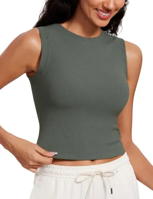 CRZ YOGA Womens Ribbed High Neck Tanks Sleeveless Fitted Basic Tops Going Out Casual Yoga Workout Shirts