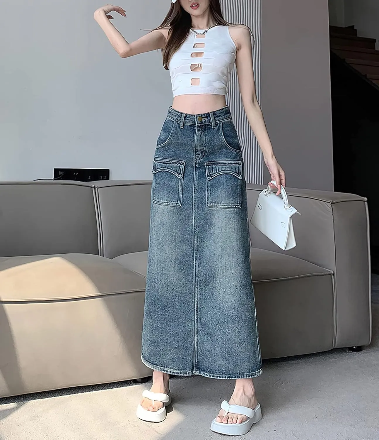 Denim Maxi Skirt with Slit for Women High Waist Casual Long Cargo Jean Skirt with Pockets